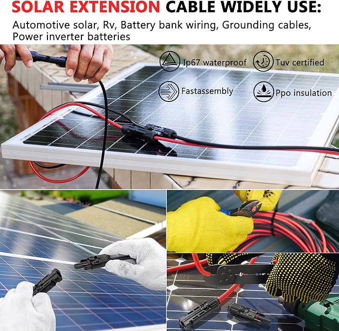 Vansdon 2x70 Feet Solar Panel Extension Cable, 10AWG Solar Cable, Solar Panel Cable with Female and Male Waterproof Connectors for RV, Photovoltaic Systems (70FT Red + 70FT Black)