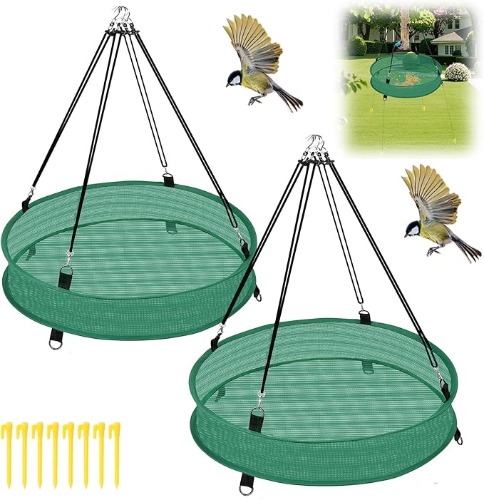 Lettry 2Pcs Bird Seed Catcher Tray with 8pcs Plastic Stakes for Hanging Bird Feeder Platform, Birdseed Hoop for Outdoor Garden Hanging Tray (Green, 18inch)