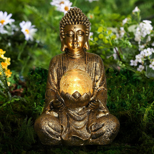 Nacome Meditating Buddha Statue with Solar Light,Zen Solar Garden Buddha with Cracked Glass Ball Sculpture-Indoor/Outdoor Decor for Balcony,Garden,Patio,Porch Yard Art Ornament,10.5 inch(Gold)