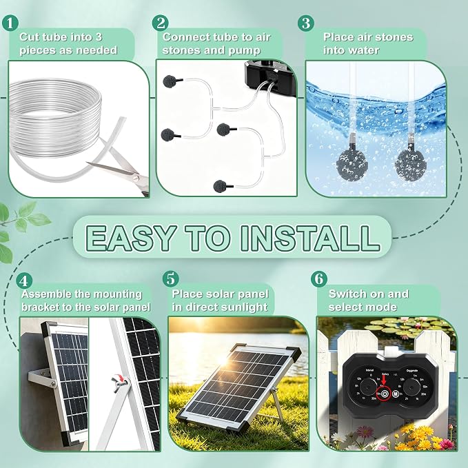 6W Solar Pond Aerator, Solar Air Pump for Pond, Adjustable Aeration Cycle, Dual Air Ports 4 Air Stones for Outdoor Pond Fish Tank Aquarium