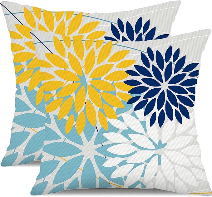DFXSZ Outdoor Throw Pillow Covers 16x16 Inch Set of 2 Waterproof Spring Summer Geometric Elegant Yellow Blue Outdoor Pillow Covers for Patio Funiture Garden Couch 158W16