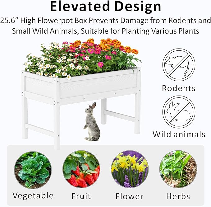Raised Garden Bed Outdoor with Legs,HDPE Elevated Planter Box Rot-Resistant and Non-Cracking,Raised Beds for Gardening for Backyard, Patio, Balcony, 300lb Capacity White