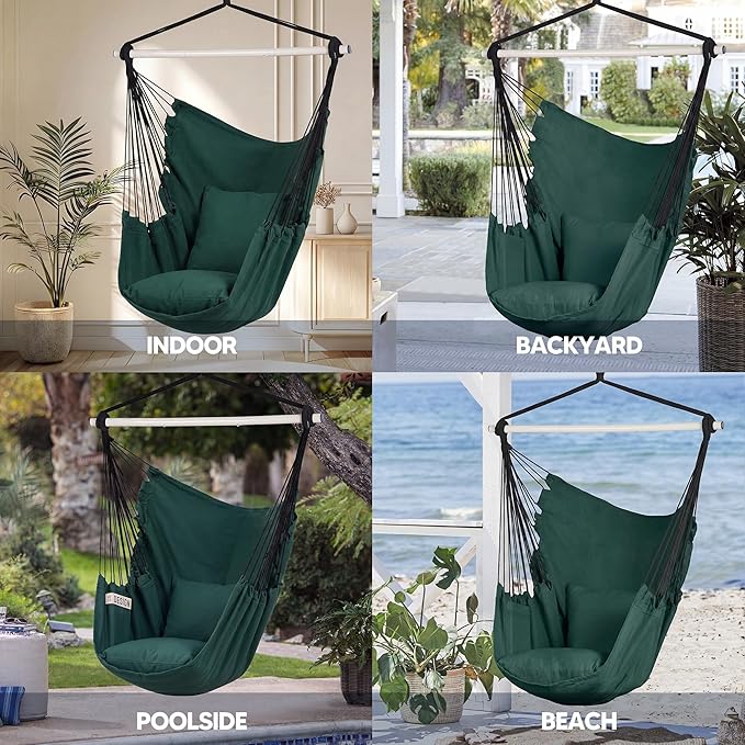 SUNCREAT Hammock Chair Hanging Rope Swing Seat-Max 450lbs Capacity, Extra Large Hanging Swing with Metal Support Bar, Side Pocket, Green