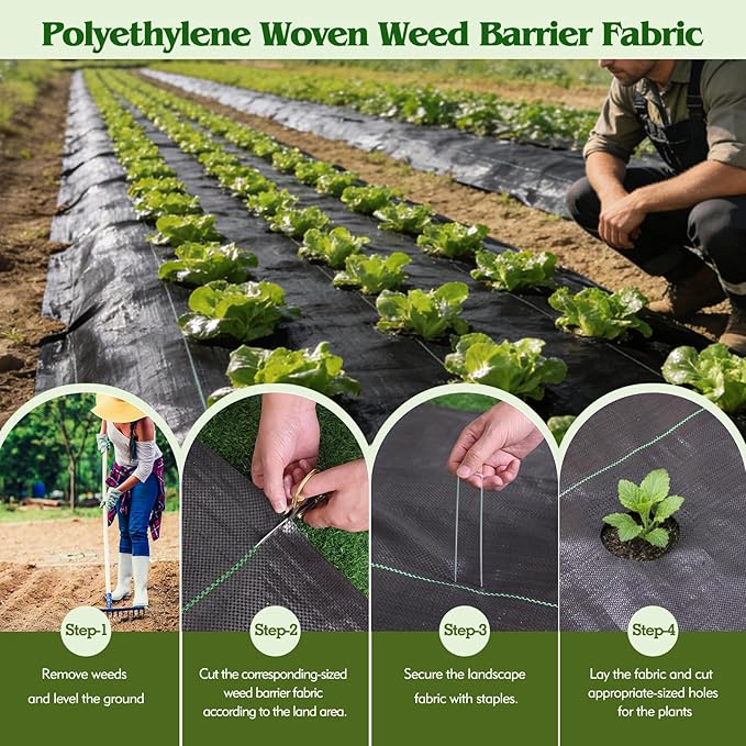 HongWay 4FT x 100FT Weed Barrier Landscape Fabric, Weed Blocker Fabric Heavy Duty with 40 U-Shaped Staples, Landscaping Weed Control Mats Ground Cover for Garden Beds, Driveway, Underlayment