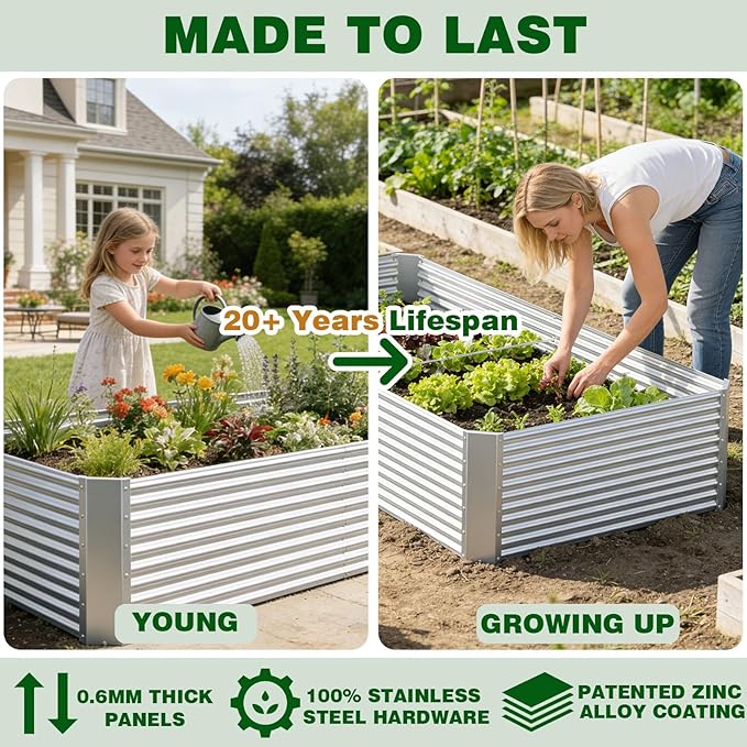 2 Pcs 8 x 4 x 1.4 FT Galvanized Steel Raised Garden Bed – Outdoor Planter Box for Root Vegetables, Herbs & Flowers, Large Metal Garden Beds for Backyards, Terraces and Balconies