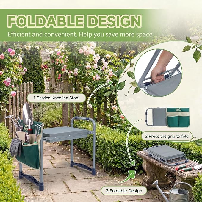 2-in-1 Garden Kneeler and WorkSeats Heavy Duty, Foldable Garden Bench with Wider & Thicker EVA Pad, Portable Gardening Stool with Exclusive Tool Handbag & Color Box, Garden Gifts for Senior