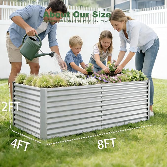 8x4x2ft Metal Raised Garden Bed Kit, Large Raised Beds Outdoor, Rectangle Raised Flower Bed for Gardening,Galvanized Planter Box for Vegetables, Fruits, Flowers, Silver