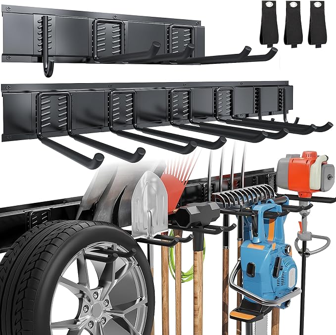 Volitaous 48Inch Garage Garden Tool Organizer Wall Mount, Heavy Duty Garage Tool Storage Rack, Adjustable Mix 9PC Metal Hooks, Rake Hangers Yard Tool Organizer Rack, Max 300Lbs