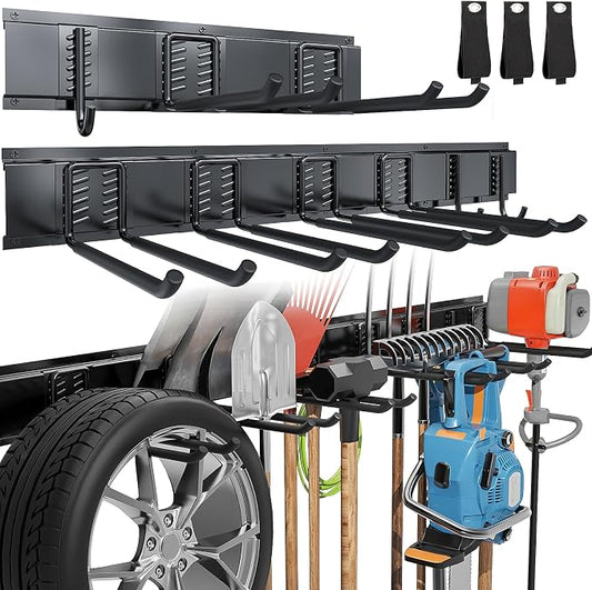 Volitaous 48Inch Garage Garden Tool Organizer Wall Mount, Heavy Duty Garage Tool Storage Rack, Adjustable Mix 9PC Metal Hooks, Rake Hangers Yard Tool Organizer Rack, Max 300Lbs