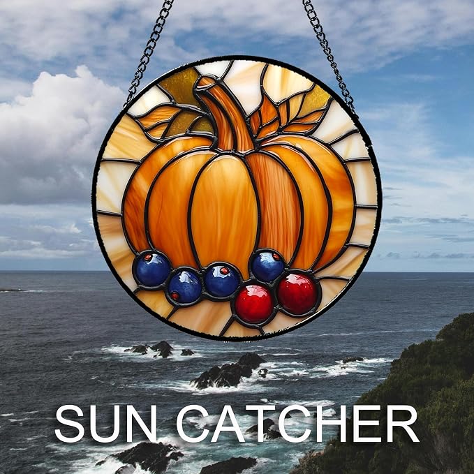 DASTOLL Stained Glass Window Hanging Fall Pumpkin Berries Large 11.8" - Suncatcher Door Garden Kitchen Sunroom Sun Catcher Autumn Home Decor Birthday for Mom Grandma Men Woman