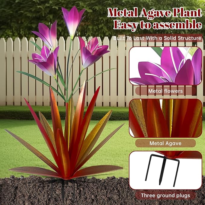 TOMBABY 32.28 Inch Metal Agave Plant Outdoor Decoration Lily Mexican Yard Art Garden Gift Home Decor Hand Painted Metal Agave Garden Yard Statue (2pc, Red)