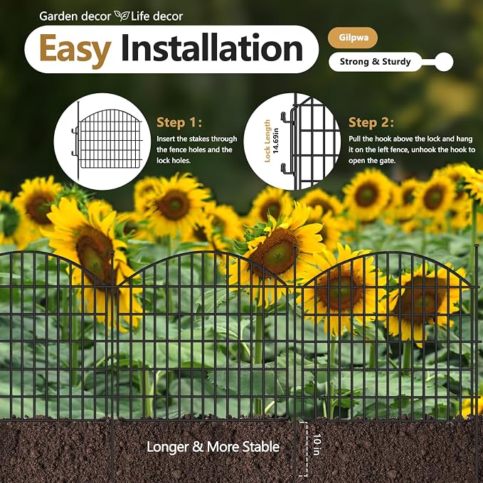 10 Panels Garden Fencing Animal Barrier with Lock, 24in (H) x 20ft (L) No Dig Dog Fence Outdoor for Yard Rustproof Decorative Fences Tall Metal Panel Wire Border Rabbit Ground Stakes