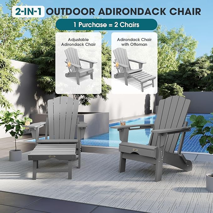THOEOE Folding Adjustable Adirondack Chairs with Ottoman & 1 Cup Holders, HDEP Multifunctional Adirondack Chair with Footrest,Grey