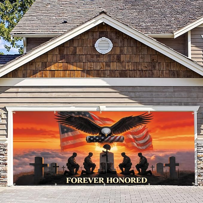 7 * 16FT Eagle USA Flag Memorial Day Garage Door Cover Decorations Independence Day Garage Door Banner for Outdoor Indoor Patriot Party Photography Backdrop