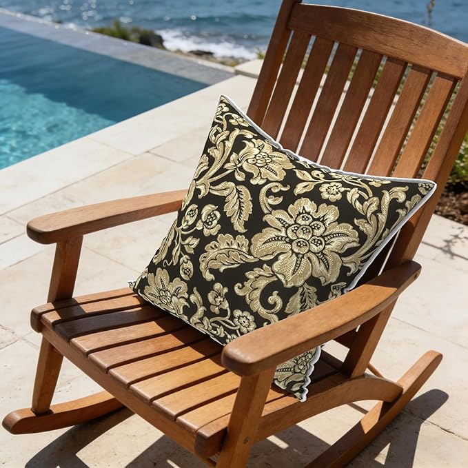 LVTXIII Outdoor Throw Pillows 20x20 Patio Waterproof Square Pillows with Piping Fade Resistant Accent Pillow for Spring Summer Garden Decoration, Set of 2, Jacobean Black