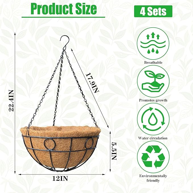 4 Pack 12 Inch Heavy Duty Hanging Basket Outdoor Metal Hanging Planters with Coco Coir Liners Black Hanging Flower Baskets for Outdoor Plants Patio Porch Balcony Garden（Round）
