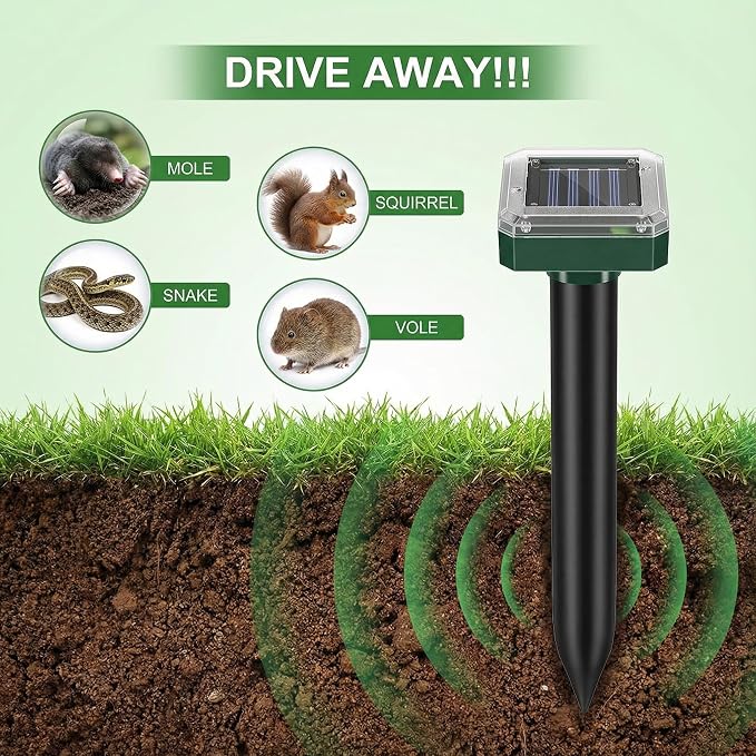 Solar Powered Mole Repellent – Heavy Duty Burrowing Animal Control for Lawn Garden Pasture, Chases Away Moles Voles Shrews Unharmed, 7,500 sq ft Coverage