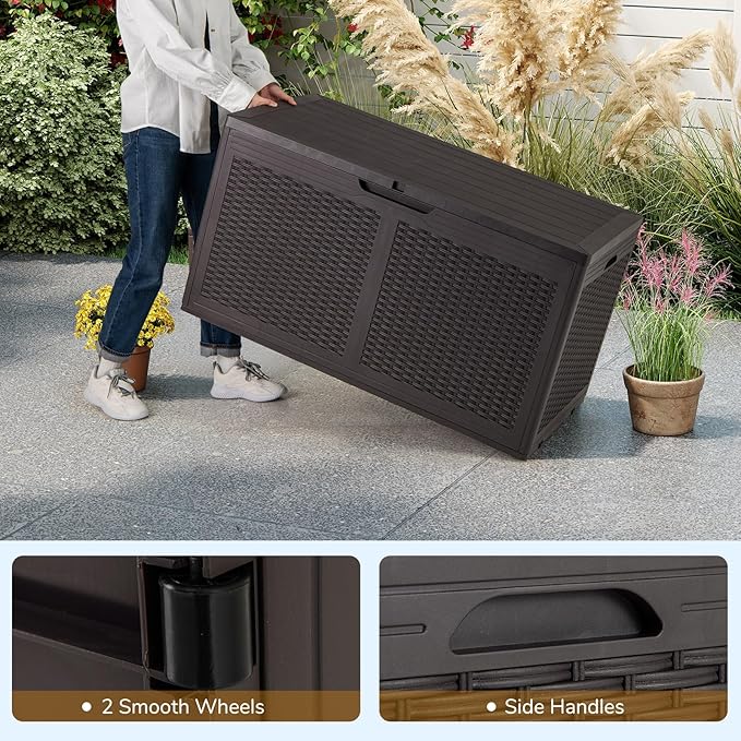 Moccha 100-Gallon Outdoor Storage Box - Waterproof Resin Deck Box with Lockable Lid & Wheels, Faux Rattan Outdoor Storage Bench for Pool Accessories, Garden Tool, Patio Furniture Cushion (Brown)