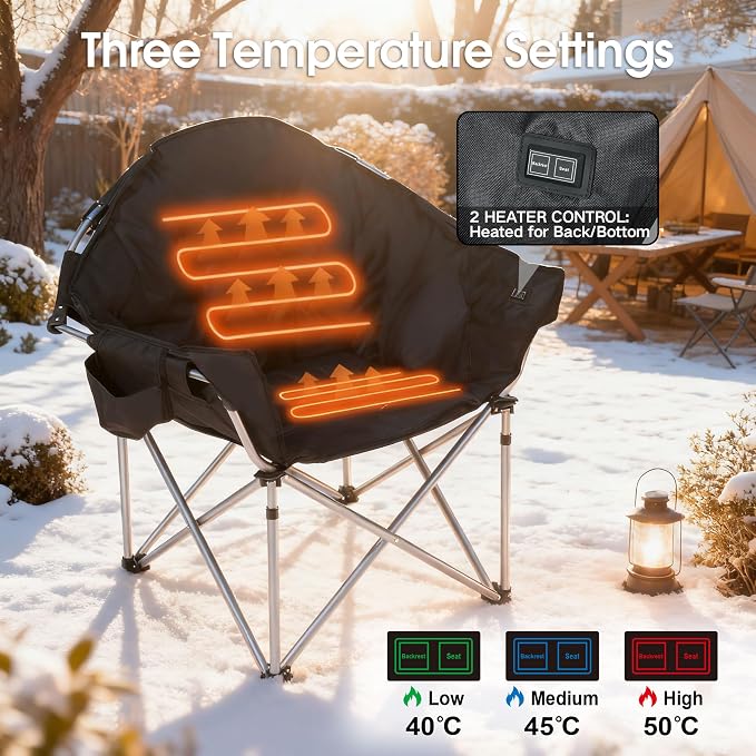 SunSettler Oversized Heated Camping Chair, Outdoor Camp Chairs with 3 Heat Levels, Portable Folding Padded Chair for Camp, Lawn, Sports (Black, Oversized)