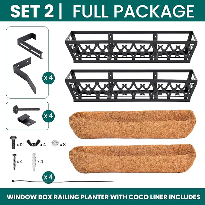 2 Pack Window Box Railing, 24IN Black Metal Hanging Flower Planter Basket with Coco Liner for Outdoor Balcony Porch Fence Patio for Home, Office and Hotel (Black)