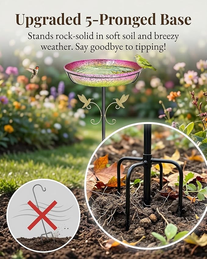 Bird Bath for Outside Standing Metal Birdbaths Birdfeeder 12" Detachable Bowl Iridescent Pink Yellow Bird Baths Feeder with Upgraded 5-Pronged Base for Garden Outdoor Lawn Patio Yard Decor 35" Tall