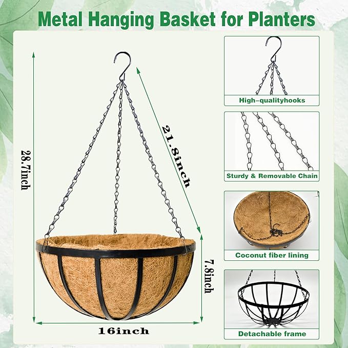 4 Pack 16 Inch Hanging Planters for Outdoor Plants Metal Hanging Planter Basket with Coco Coir Liner Round Plant Black Flat Iron Metal Flower Pots for Deck Patio Porch Garden Balcony