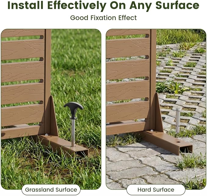 Outdoor Privacy Screen 60" H HDPE Decorative Panel Freestanding Privacy Fence with Stand, Privacy Screens with Louvered 5 Panels, Weather-Resistant Panel Fence for Patio,Balcony,Pool,Brown