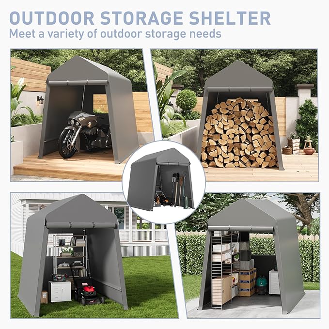 CABIHOME 6X8Ft Motorcycle Carport, Portable Outdoor Storage Shed Tent, Heavy-Duty Carport with Rolled Up Zipper Door & Vent, Waterproof & UV Resistant, for Motorcycle, Bike, Lawn Mower, Tools (Black)