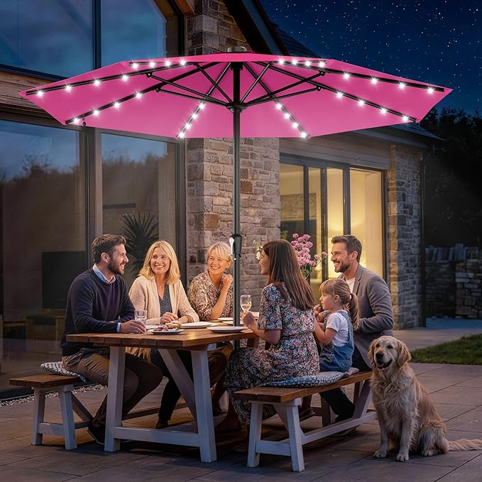 AreShark 11FT Large Patio Umbrella with Solar Lights, Lighted Solar Umbrella with Crank, Outdoor Table Market Umbrellas for Garden, Deck, Backyard, Pool and Beach, Rose Pink