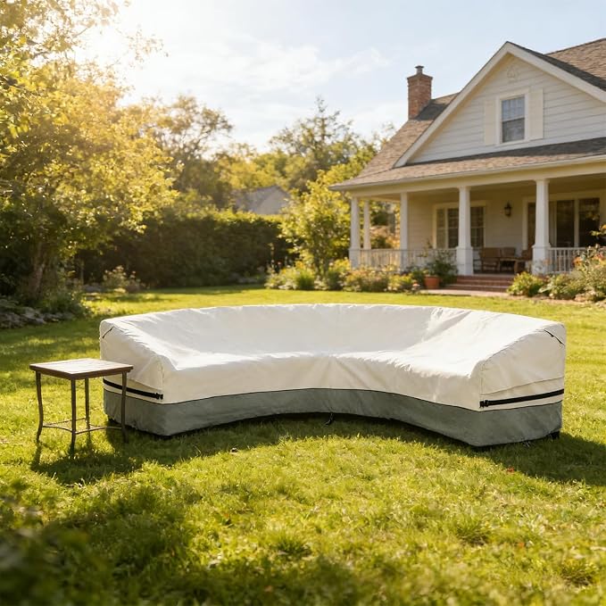 Okcool Outdoor Sectional Cover,Curved Patio Furniture Covers for 5-7 Seater Outdoor Furniture Couch,190"(Back Arc Length) / 126"(Front Arc Length) x 32"(Deep),White&Grayish Green