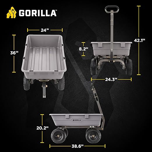 Gorilla Carts Heavy-Duty Poly Dump Cart, 5 Cu Ft Tub, 800 lb Haul Capacity, Gray – Towable Utility Wagon with Quick-Release Dumping & Pneumatic Tires for Yard, Landscaping and Gardening