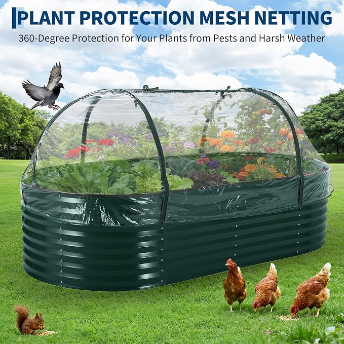 Garvee Galvanized Raised Garden Bed Large Oval Kit with Cover Zippered Screen Doors, Open Base Design, Thick Steel, Easy Assembly, Planter Box for Vegetables, Flowers (Dark Green, 8x4x2 ft)