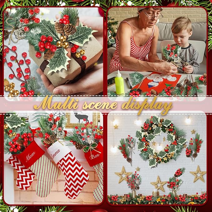 Riceshoot 42 Pcs Christmas Picks with Pine Cones Holly Berry Artificial Red Berries Stems Pine Branches Small Christmas Berry Picks for Crafts Wreath Garland Decoration