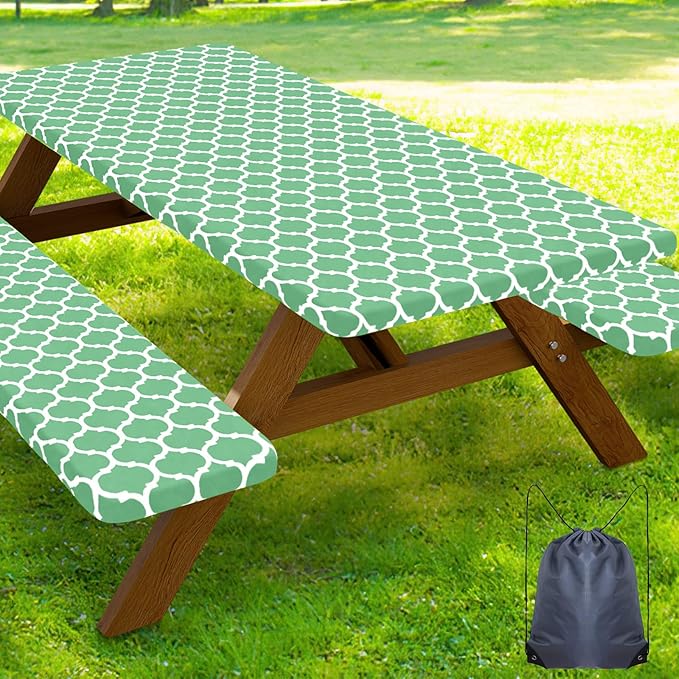 Smiry Picnic Table Cover with Bench Covers, Waterproof Elastic Fitted Tablecloth for 6 Foot Tables, Washable Polyester Tablecloths for Camping, Indoor & Outdoor (Sage Green, 30x72 Inch 3-pc Set)