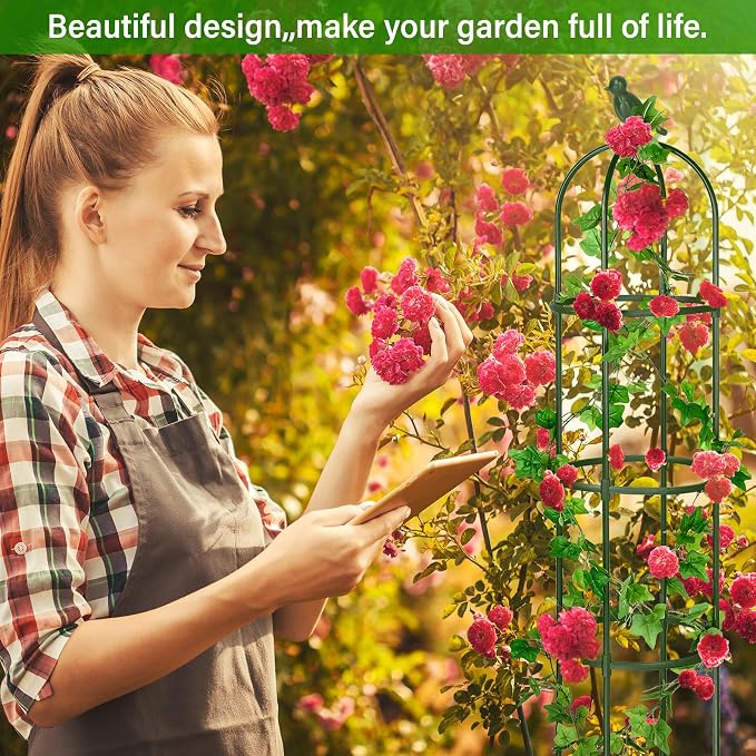 Sadnyy 4 Pack 6 ft Garden Obelisk Trellis for Climbing Plants Outdoor- Heavy Duty Rustproof Metal Pipe with Plastic Coated Plant Trellis for Clematis Grape Pea Vines Tomatoes Cucumbers Flowers(Green)