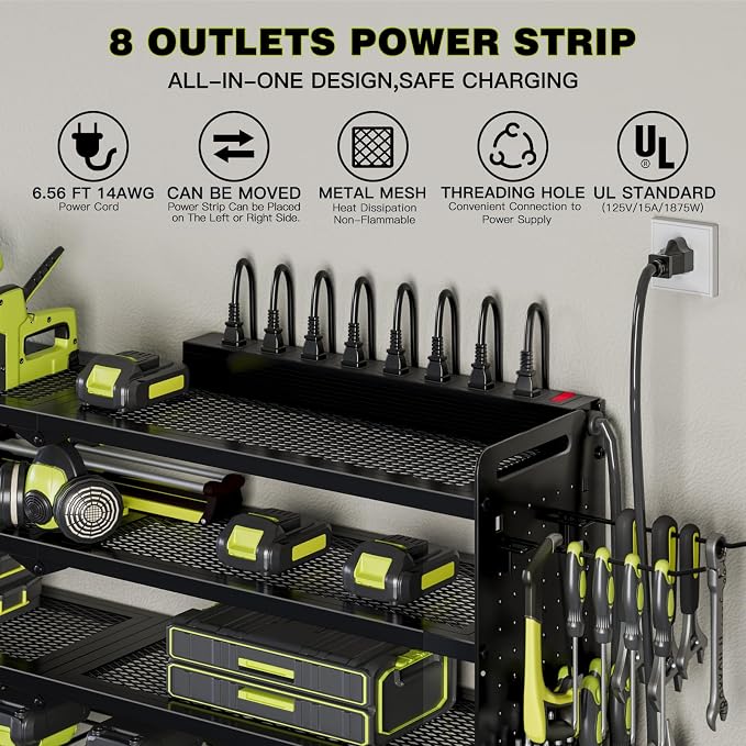 NattyDot Garage Tool Organizer Wall Mount Power Tool Organizer Wall Mount with Charging Station Garden Tool Hanger