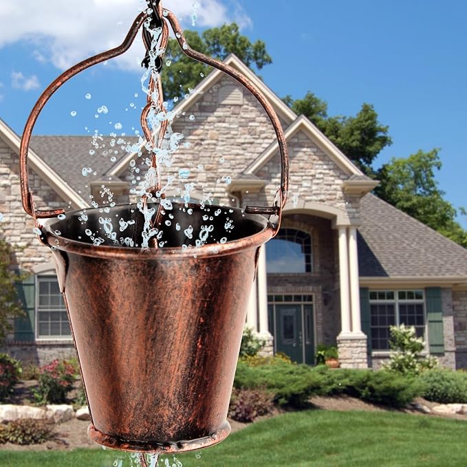 8.5FT Wrought Iron Rain Chain, Rustic Brown Bucket Design, 16 Cups, Gutter Adapter & Decorative Butterfly, Outdoor Garden Decor