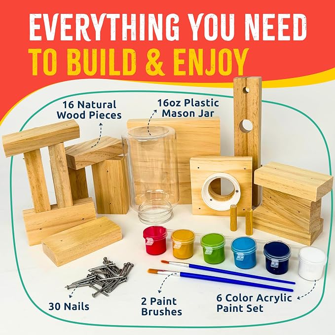 SparkJump Outdoor Craft Builder Bundle – Cottage Birdhouse DIY Kit with STEM Woodworking Candy Dispenser Project for Kids & Families