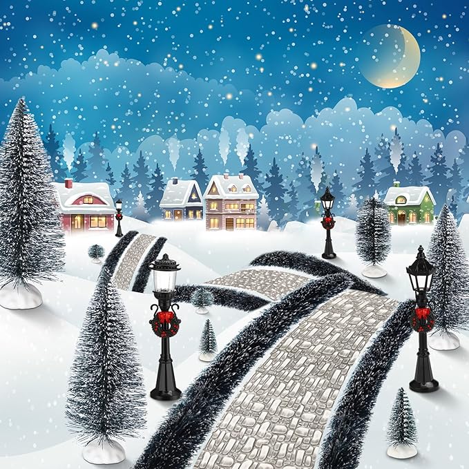 Hotop 18pc Christmas Village Accessories 47.2 Inch Village Roads Mini Snowy Trees Streets Light Lamppost Hedge Figurines Set for Display Winter Holiday Decorations DIY Crafts No Batteries(Cool)