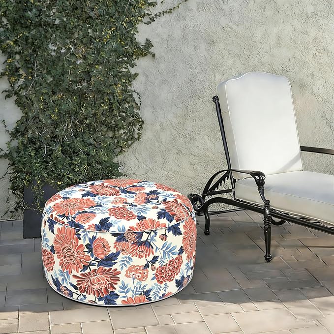 LVTXIII Indoor/Outdoor Large Inflatable Ottoman Pouf D31 x H14 Inch, Round Footstool with Handle, Weather-Resistant Portable Furniture for Patio, Camping, Beach, Vibrant Blossom