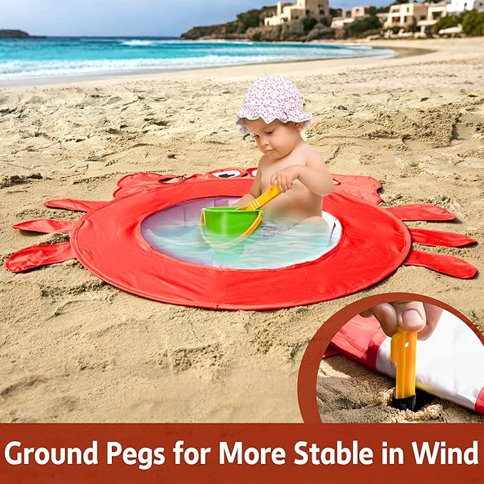 RunNico Pop Up Beach Pool, Portable Toddler Beach Pit with Water Bag and Storage Bag, Cute Shape Beach Pool Puddle for Outdoor Summer Beach Camping Traveling Vacation (Crab)