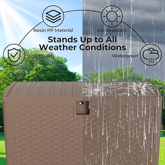Gallon Patio Storage Box Waterproof Lockable, Outdoor Deck Boxs For Package Delivery, Resin Deck Box Container for Furniture Cushions, Garden Tools, Pool Accessories