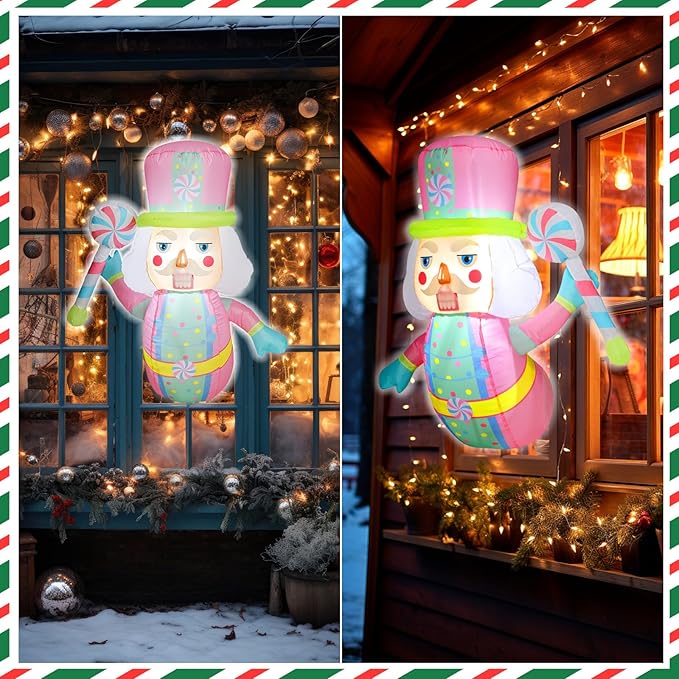 Leyndo 3.5 Feet Christmas Inflatables Pastel Nutcracker with LED Lights Christmas Window Blow up Pink Nutcracker Decorations Hold Pastel Peppermint Lollipop Xmas Holiday Outdoor Decorations