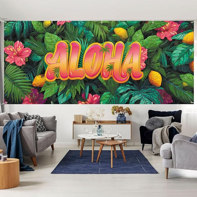 7 * 16FT Summer ALOHA Garage Door Cover Decorations Sunset Palm Trees Garage Door Banner for Outdoor Indoor Summer Party Photography Backdrop