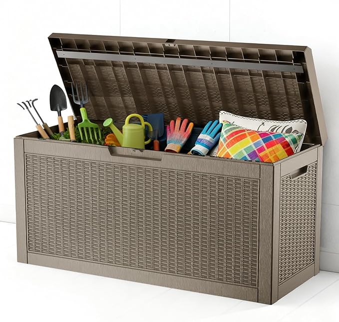 Zapdos Outdoor Storage Box, 60 Gallon Deck Box Indoor and Outdoor Use, Waterproof Resin Rattan Storage Bin for Package Storage Gardening Tools Patio Cushions, Lockable, Fade Resistant, Brown