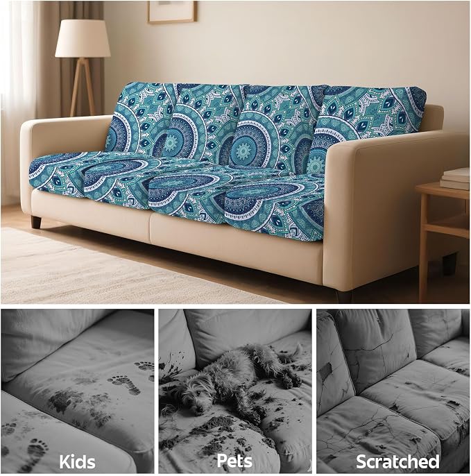 pickyNproud 8Pcs Patio Cushion Covers Stretch Outdoor Couch Cushions Slipcovers Replacement Washable Furniture Protector with Elastic Bottom Sofa Chair Seat Cover, Teal Mandala