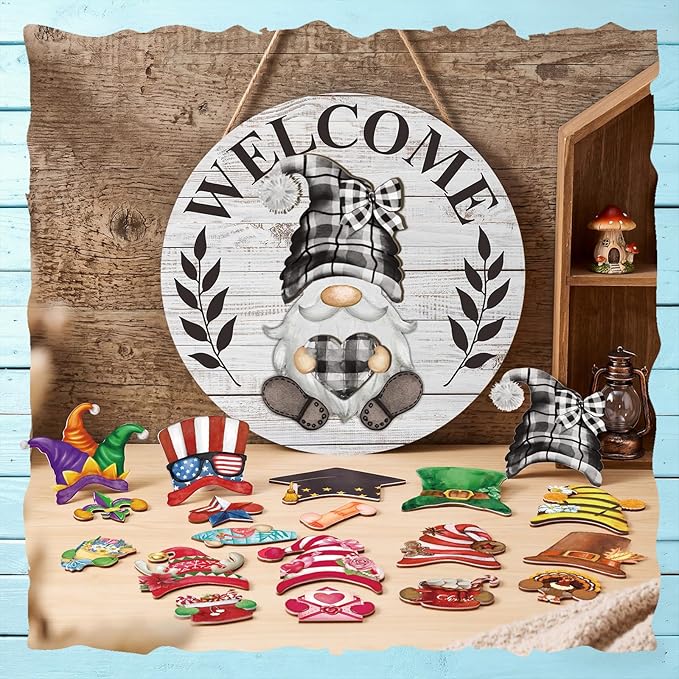 Qunclay Interchangeable Wooden Gnome Decor Holiday Seasonal Gnome Decorations with Magnet Pieces and Detachable Hats Changeable Welcome Sign for Home(Grayish White)
