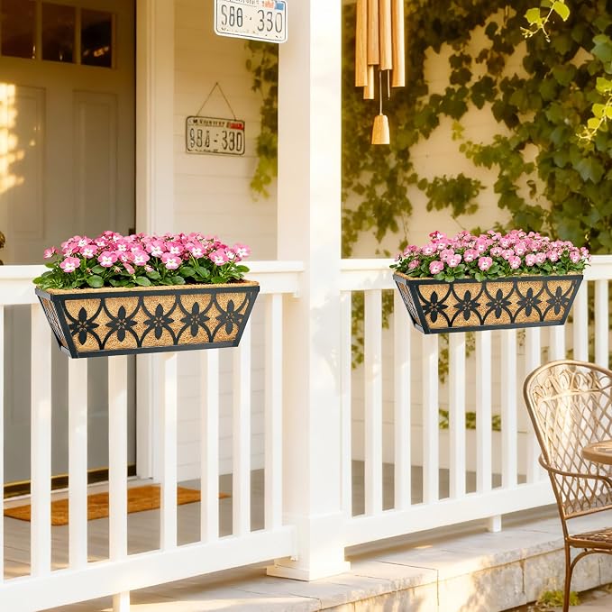 16 Inch Window Boxes Planters Railing Planter Box - 4 Pack Deck Railing Planter Boxes with Adjustable Brackets Coco Liners Balcony Planters Railing Hanging for Window Flower Boxes Outdoor Garden Decor