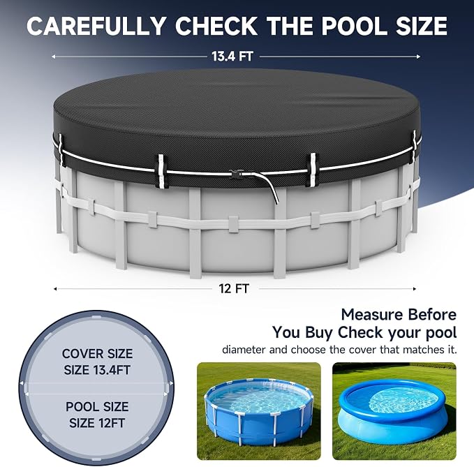 LXKCKJ 12 FT Round Pool Cover for Above Ground Pools, 420D Oxford | Waterproof 10000PA, 100MPH Windproof with 2 buckles and Ground nail set, 634N Tear-Resistant, UPF50+, 95% Evaporation Control