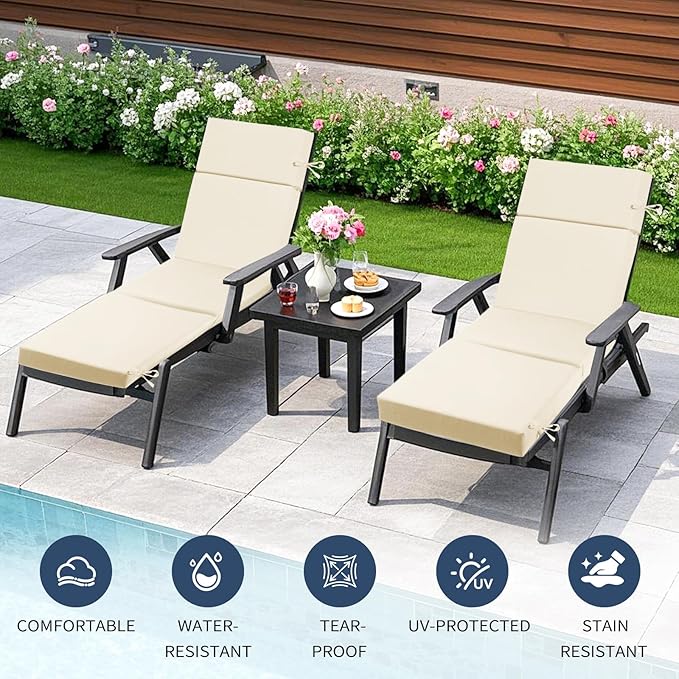 Outdoor Chaise Lounge Cushion 72" x 21" x 3", 4-Section Folding Patio Lounge Chair Cushion with Ties, Waterproof & Fade Resistant Replacement Cushion for Pool, Patio, Deck (Beige, 2 Pcs)